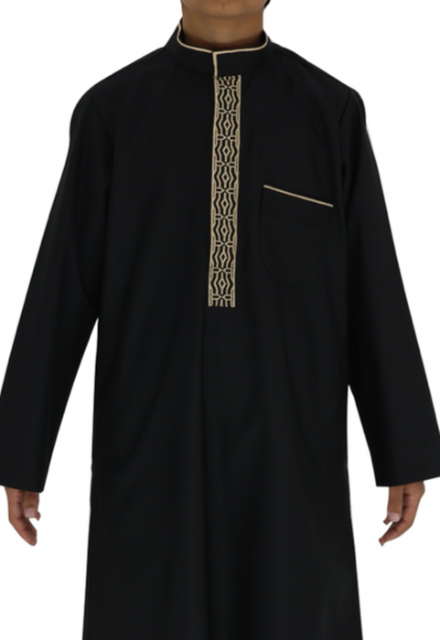 Elegant Boys Collar Thobe with Embroidery (Black)