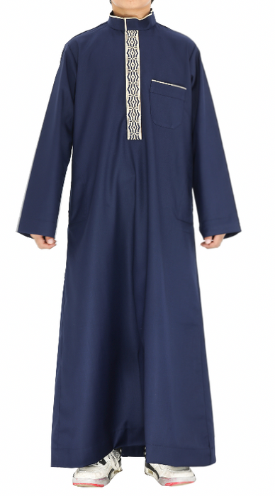 Elegant Boys Collar Thobe with Embroidery (Blue)