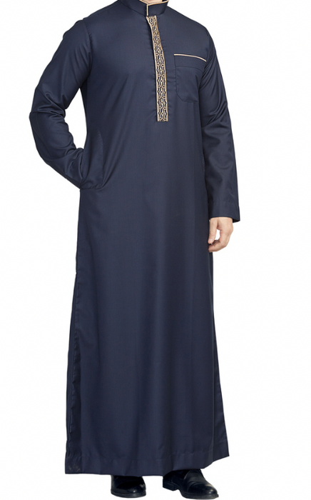 Elegant Men's Collar Thobe with Gold Embroidery Detailing (Blue)