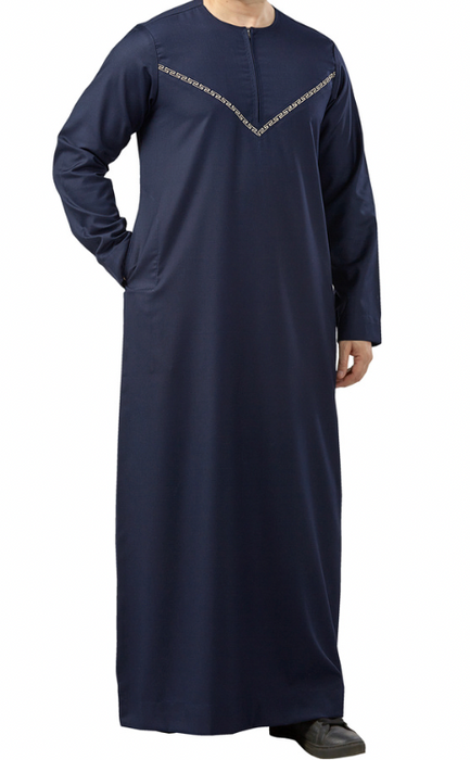 Men's Premium Omani Thobe with Embroidery (Navy Blue)