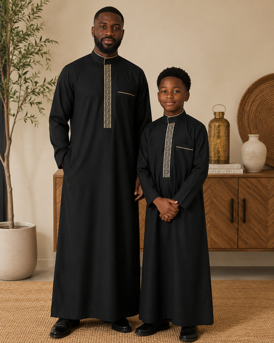 Elegant Boys Collar Thobe with Embroidery (Black)