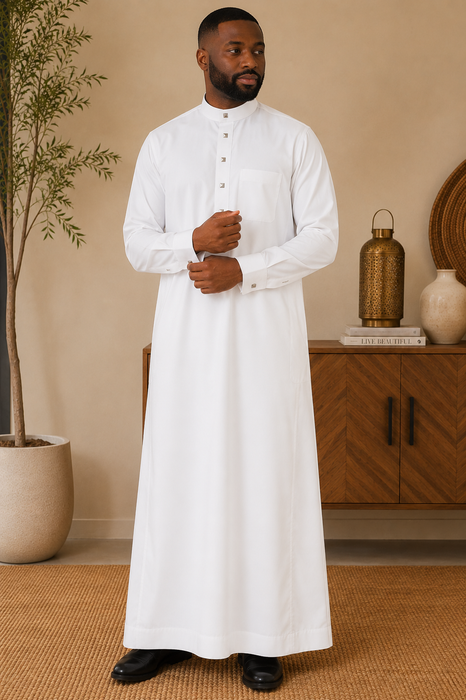 Men's Collar Thobe with Button Detail (White)