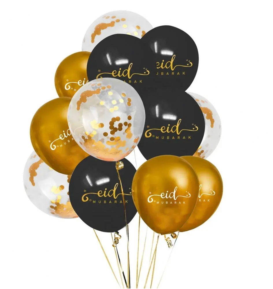 Ballons en latex avec confettis Eid Mubarak - Lot de 12