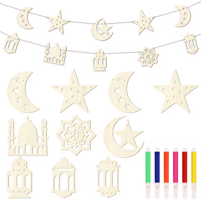 Decorative banner with moon, star, and lantern shapes, accompanied by colorful candles.