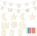 Decorative banner with moon, star, and lantern shapes, accompanied by colorful candles.