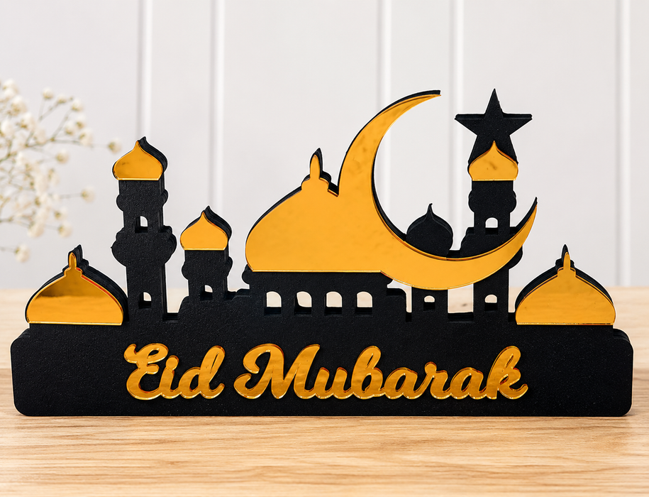Eid Mubarak Mosque Table Decor – Gold & Black Acrylic