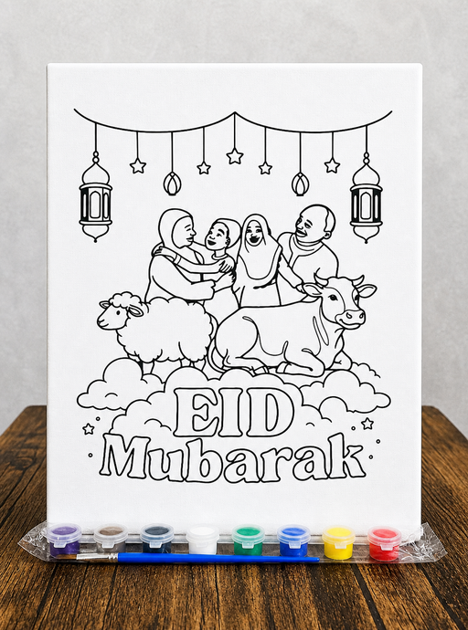 Coloring page with 'Eid Mubarak' text and illustrations of a family and animals on a white background.