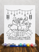 Coloring page with 'Eid Mubarak' text and illustrations of a family and animals on a white background.