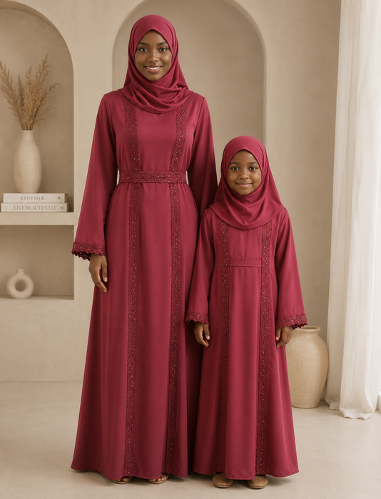 Raina Elegant 3 Piece Abaya (Burgundy)