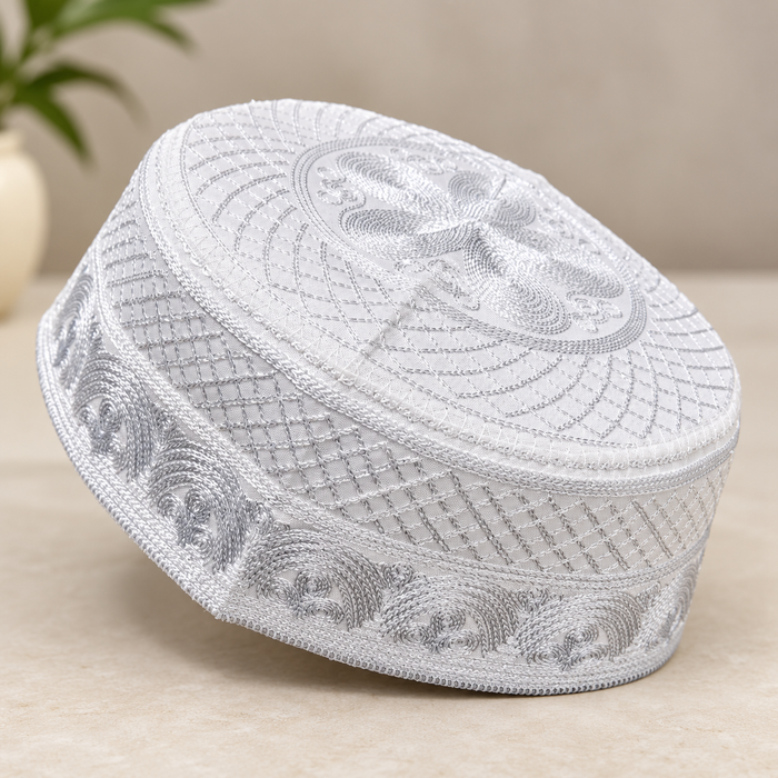 Men's White Embroidered Kufi Cap