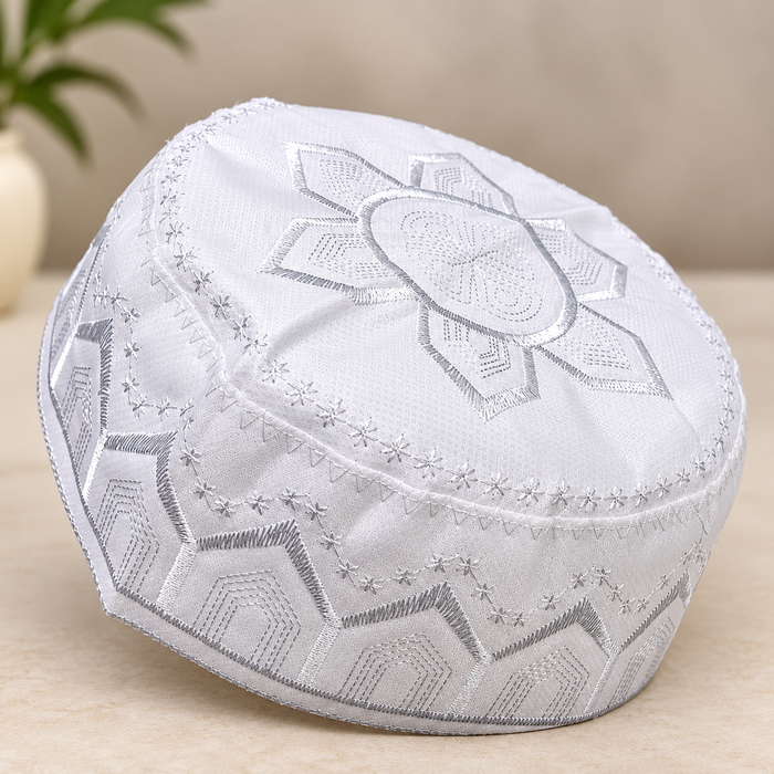 Men's White Embroidered Kufi Cap