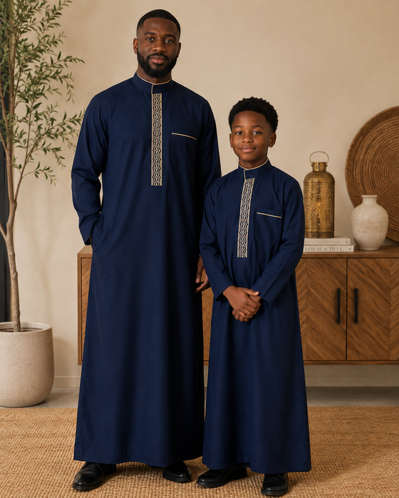 Elegant Boys Collar Thobe with Embroidery (Blue)