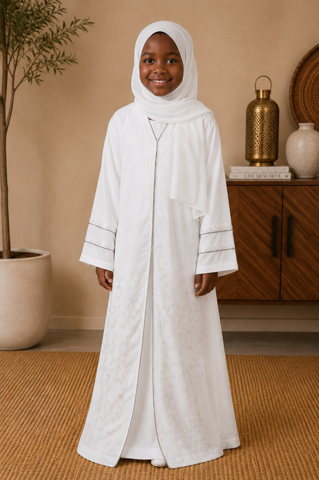 Girls White Stone Detail Abaya – Elegant Eid Abaya for Kids