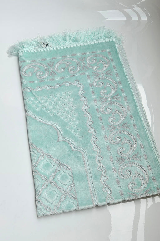 Light Blue Prayer Mat with Velvet Material and intricate silver design