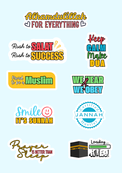 Collection of colorful text and graphics on a light blue background with various motivational and Islamic quotes and phrases.