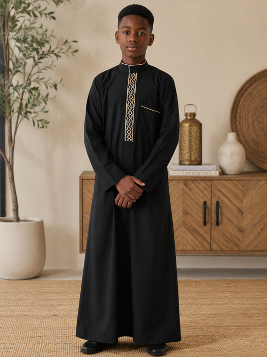 Elegant Boys Collar Thobe with Embroidery (Black)