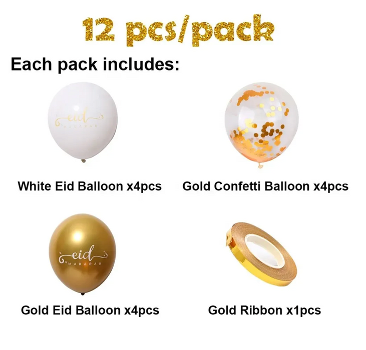 Ballons en latex avec confettis Eid Mubarak - Lot de 12