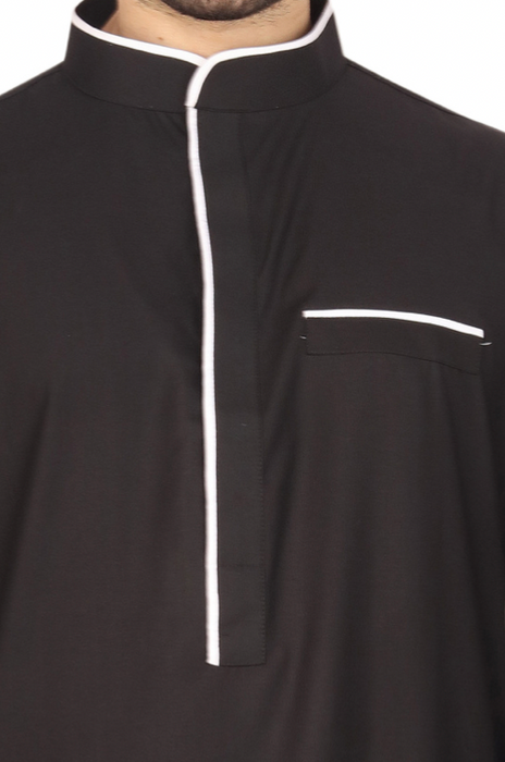 Men's Plain Collar Thobe with White Piping Details (Black)