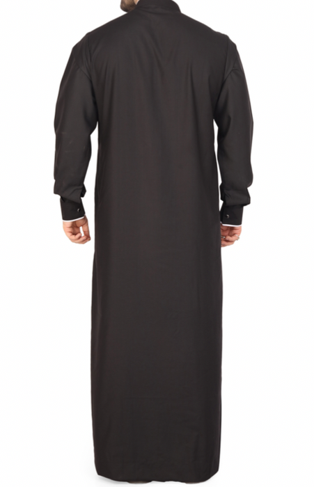 Men's Plain Collar Thobe with White Piping Details (Black)