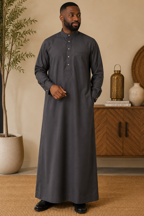Men's Collar Thobe with Button Detail (Charcoal Grey)
