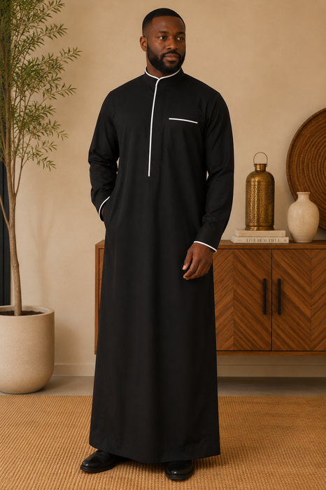 Men's Plain Collar Thobe with White Piping Details (Black)