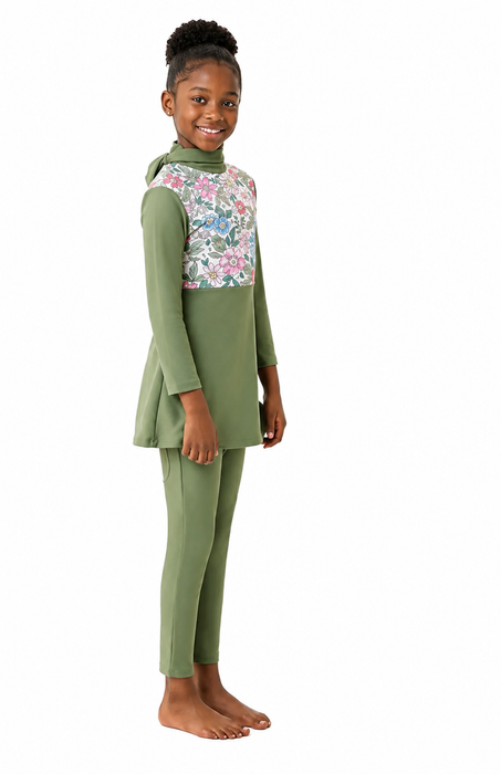 Girls Full Coverage Burkini Swimsuit - Abstract