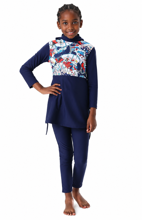 Girls Full Coverage Burkini Swimsuit - Abstract