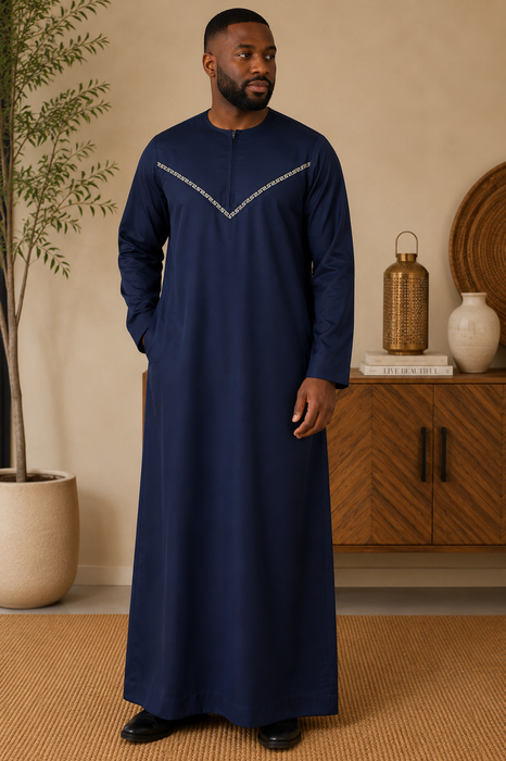 Men's Premium Omani Thobe with Embroidery (Navy Blue)