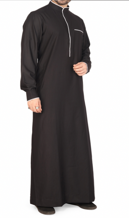Men's Plain Collar Thobe with White Piping Details (Black)