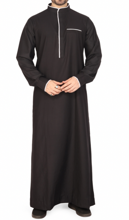 Men's Plain Collar Thobe with White Piping Details (Black)