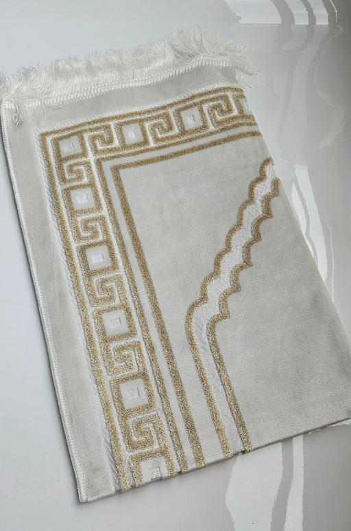 White velvet prayer mat with gold detailing