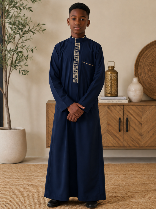 Elegant Boys Collar Thobe with Embroidery (Blue)