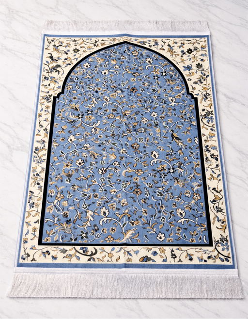 Decorative rug with floral arch design on a white background