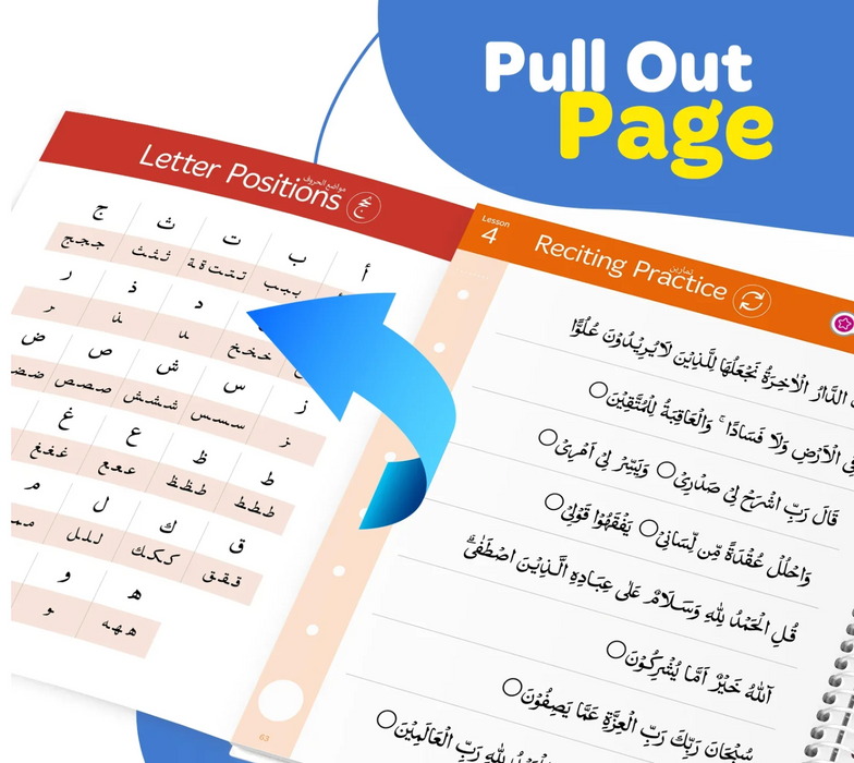 Educational pull-out page with letter positions and reciting practice for Arabic language learning.