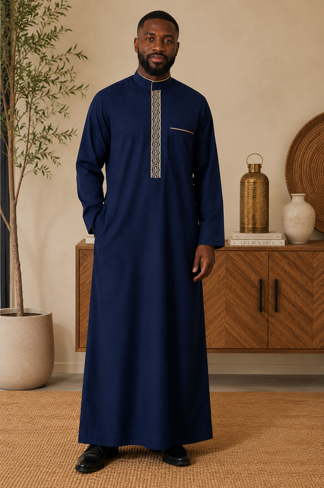 Elegant Men's Collar Thobe with Gold Embroidery Detailing (Blue)